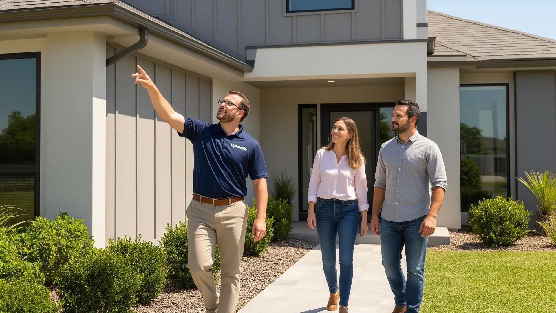 Home maintenance specialist walking through a home with homeowners